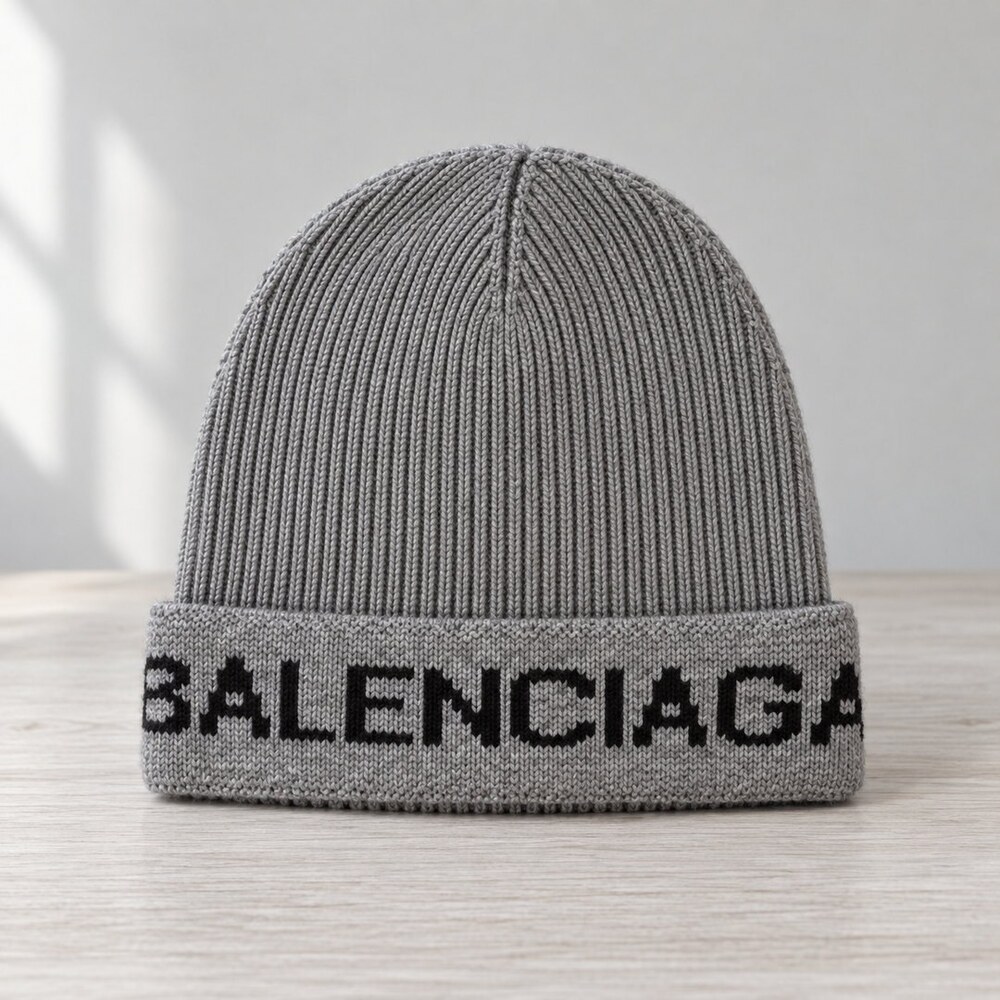 Balenciaga Grey Ribbed Knit Beanie